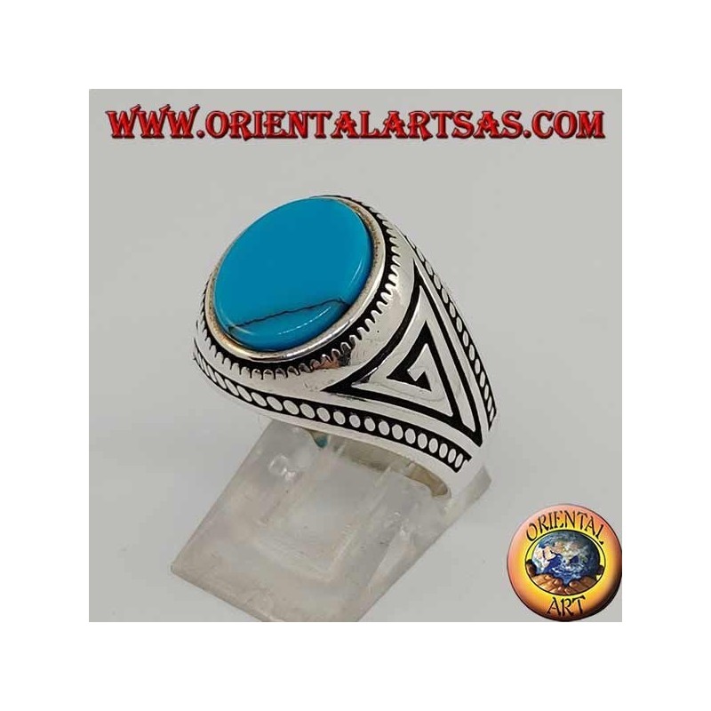 Silver ring with flat oval turquoise with braid at the edges of the ring