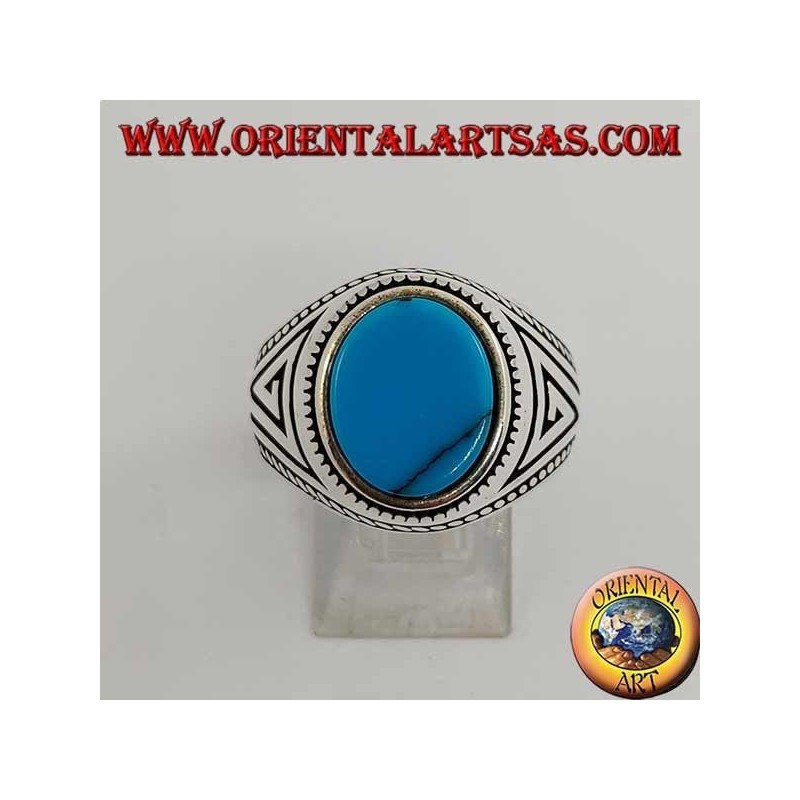Silver ring with flat oval turquoise with braid at the edges of the ring