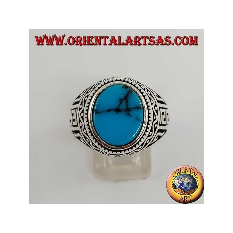 Silver ring with flat oval turquoise with Greek on the sides of the ring