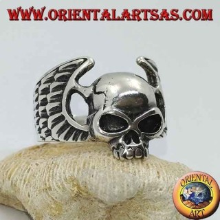 Silver ring, skull without jaw between motorcyclist wings