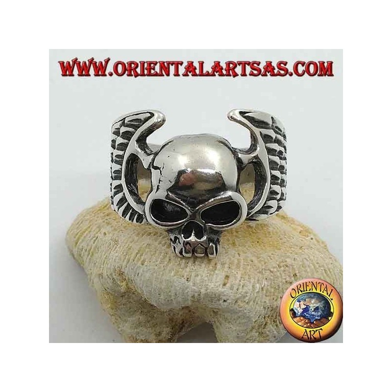 Silver ring, skull without jaw between motorcyclist wings