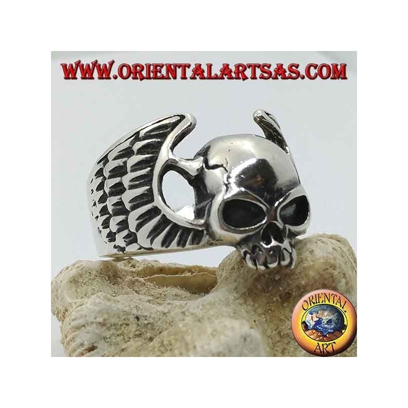 Silver ring, skull without jaw between motorcyclist wings