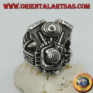 Bague en argent, moteur Harley Davidson "LIVE TO RIDE"
