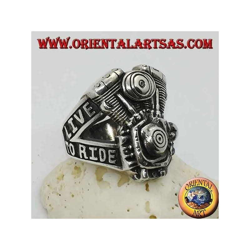 Anello in argento, motore Harley Davidson "LIVE TO RIDE"
