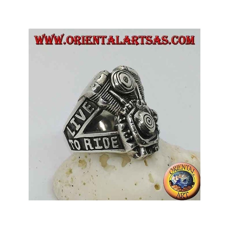 Anello in argento, motore Harley Davidson "LIVE TO RIDE"