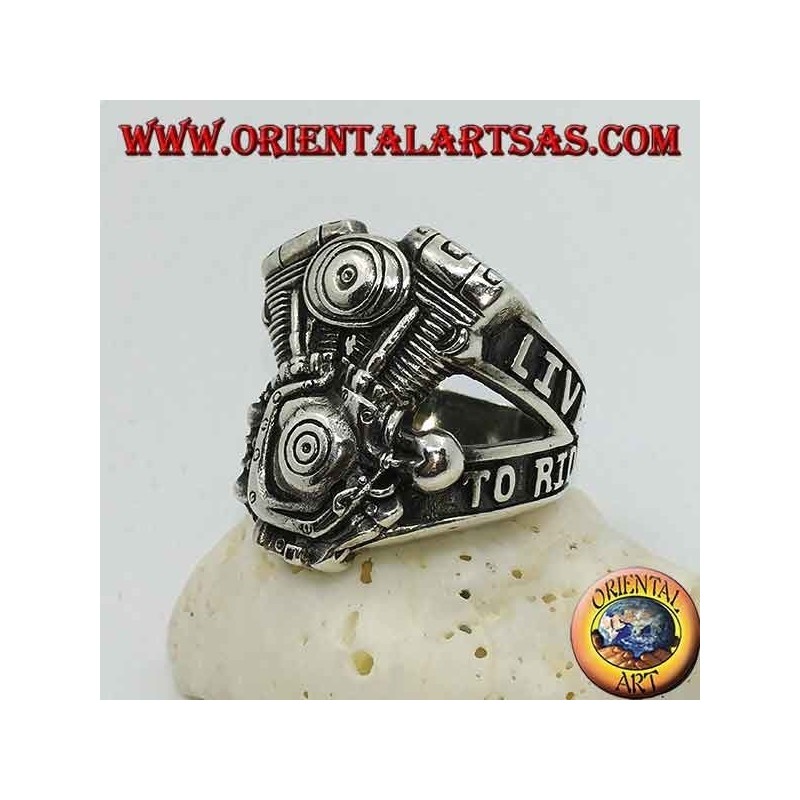 Anello in argento, motore Harley Davidson "LIVE TO RIDE"