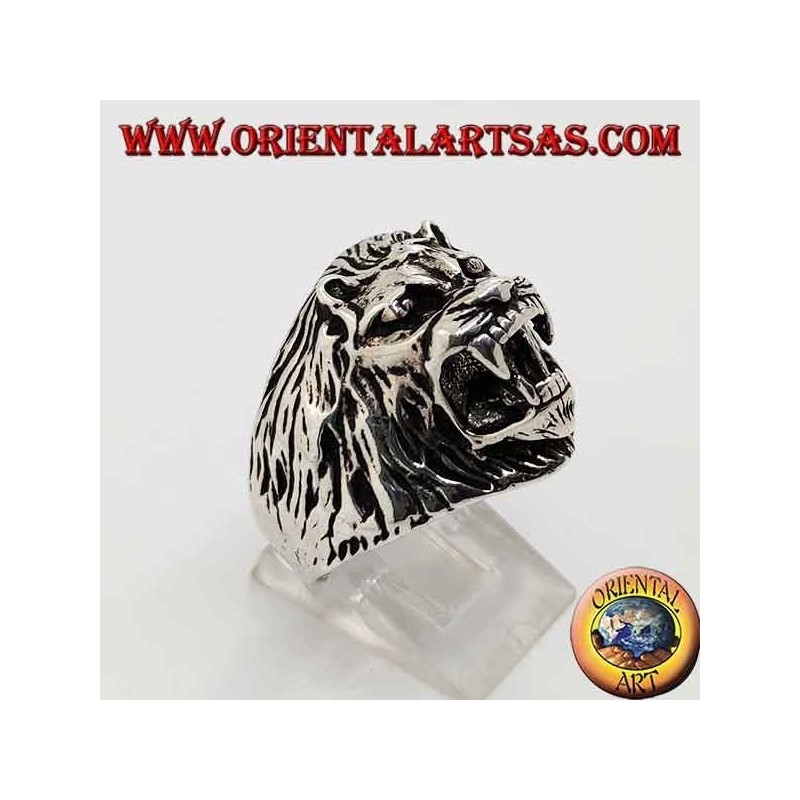 Anillo de plata, cabeza de león gruñendo