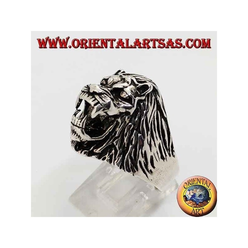 Bague en argent, grognement de tête de lion