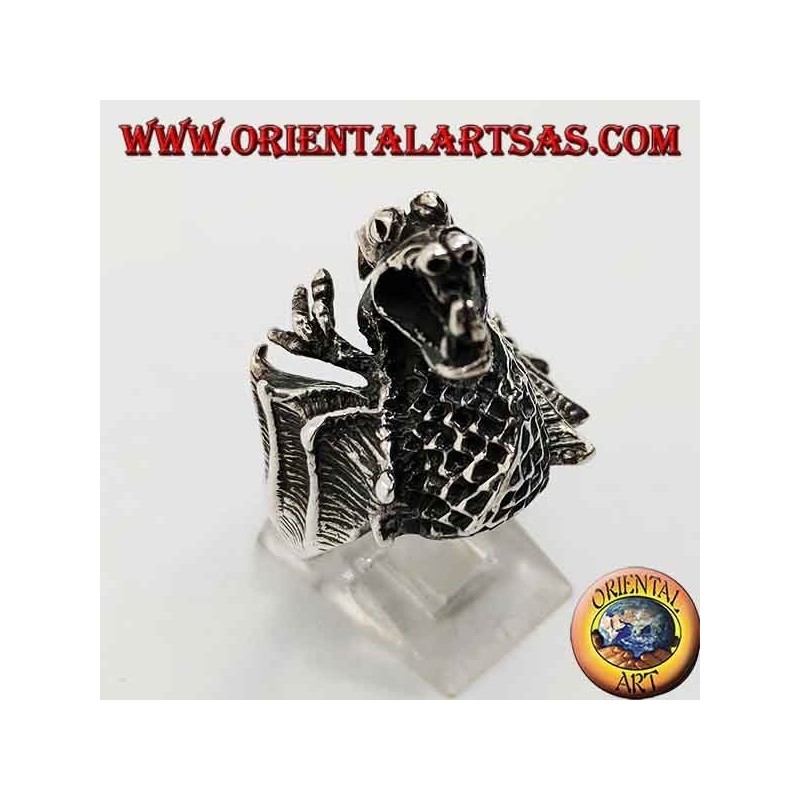 Silver ring in the shape of a dragon flamethrower