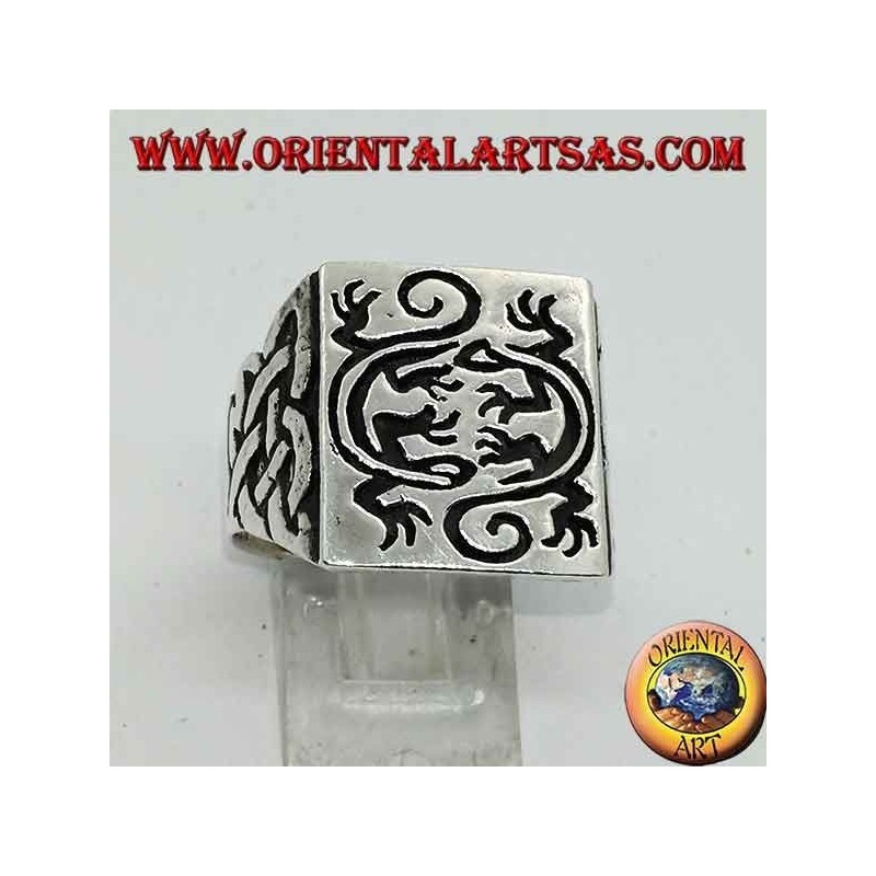 Anillo cuadrado de plata con sello gecko de doble espejo grabado