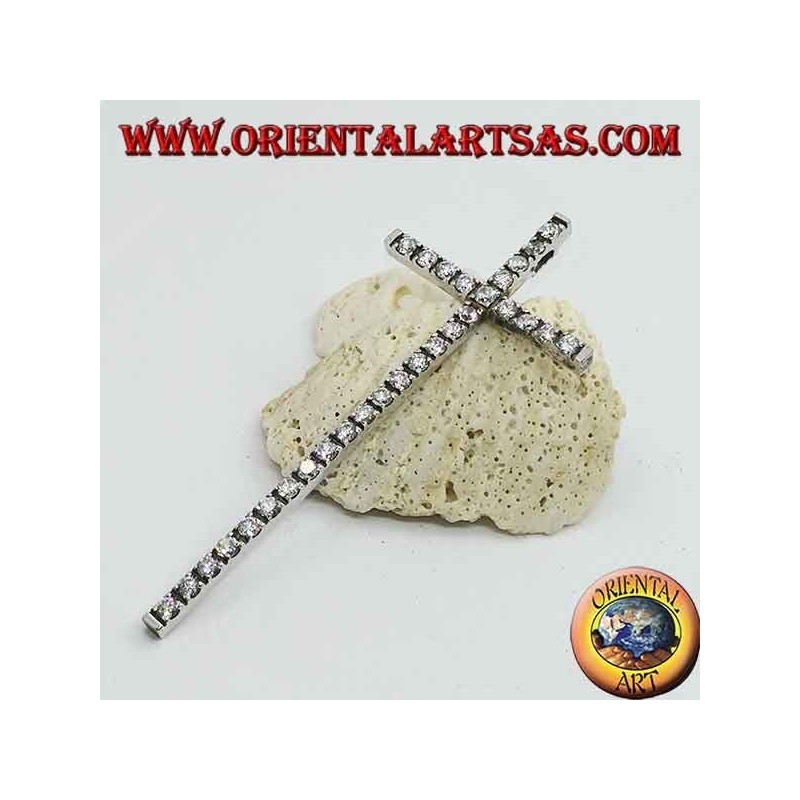Rhodium-plated silver pendant with large cross and embedded zircons