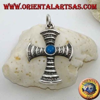 Cross-shaped silver pendant with central round turquoise