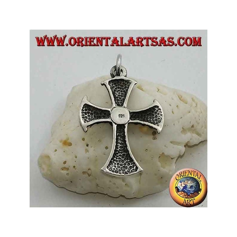 Cross-shaped silver pendant with central round turquoise