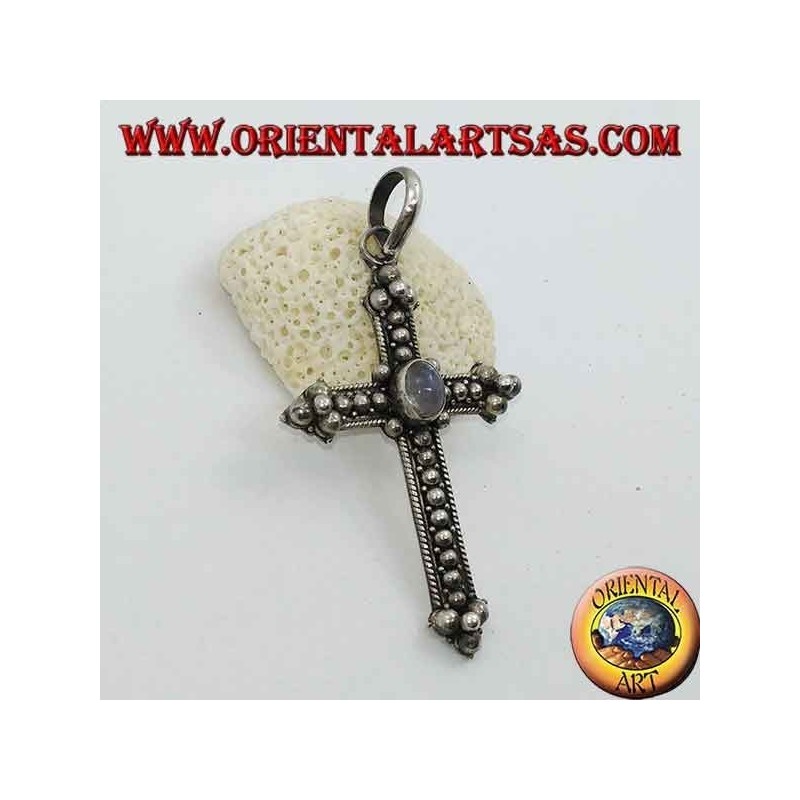 Silver cross pendant with oval rainbow moonstone