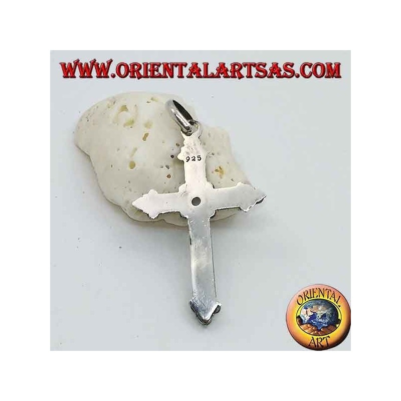 Silver cross pendant with oval rainbow moonstone