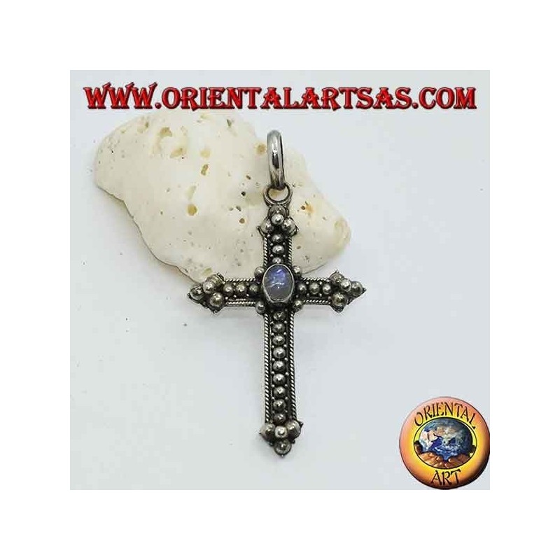 Silver cross pendant with oval rainbow moonstone