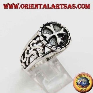 Silver ring with Greek cross in high relief and perforated decorations on the sides