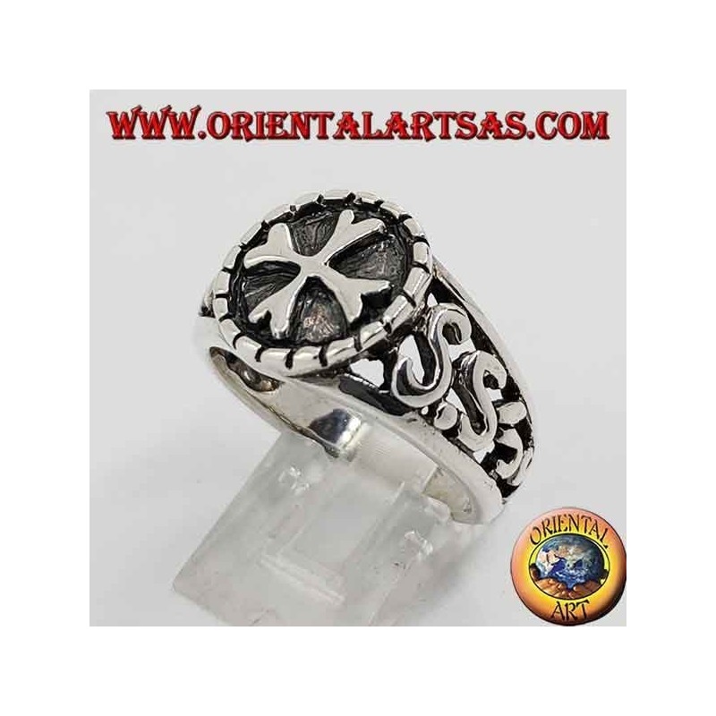 Silver ring with Greek cross in high relief and perforated decorations on the sides