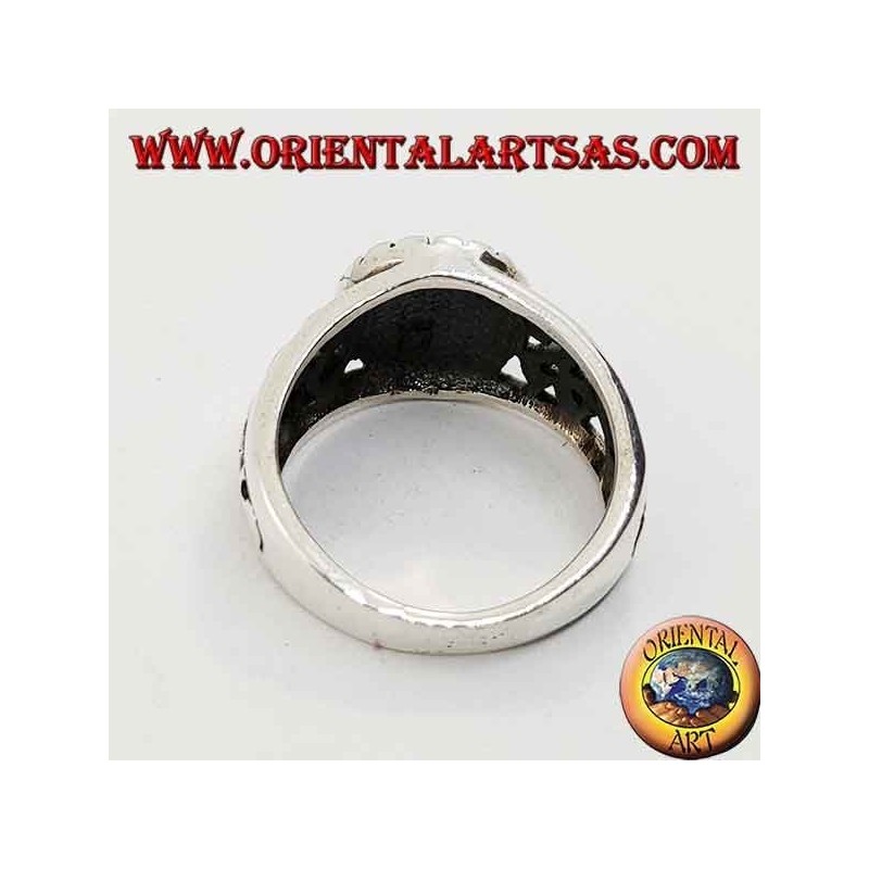 Silver ring with Greek cross in high relief and perforated decorations on the sides