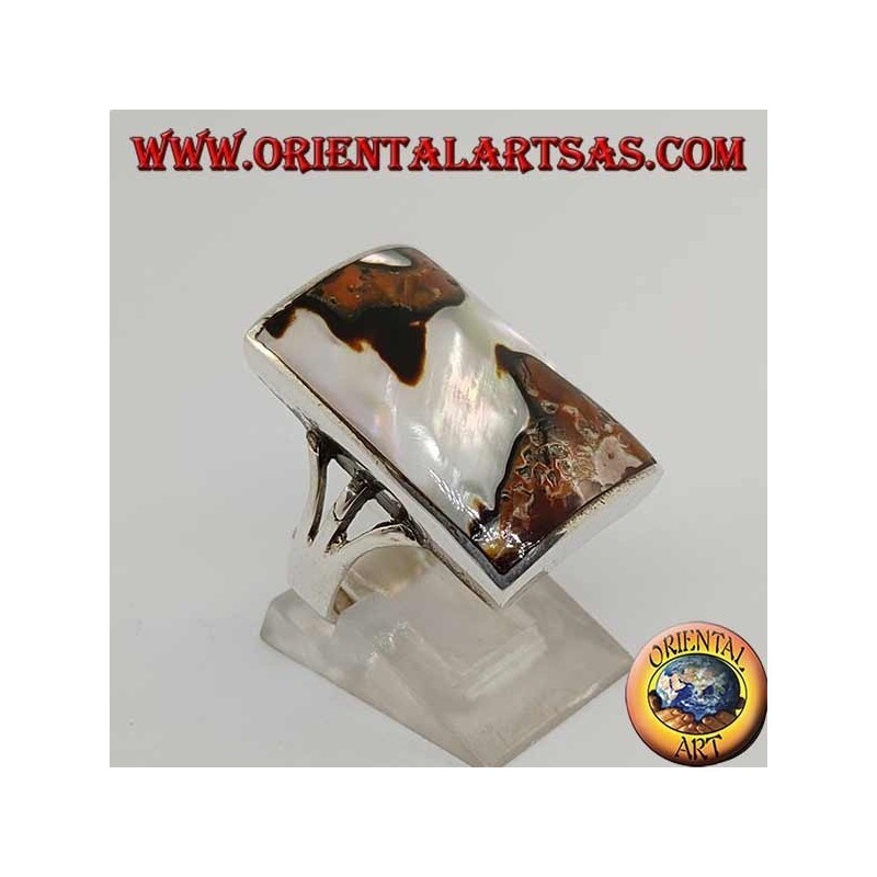 Anillo de plata con nácar manchado rectangular
