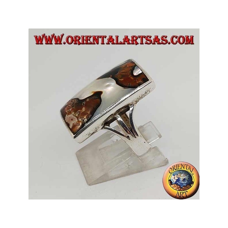 Bague en argent avec nacre tachetée rectangulaire