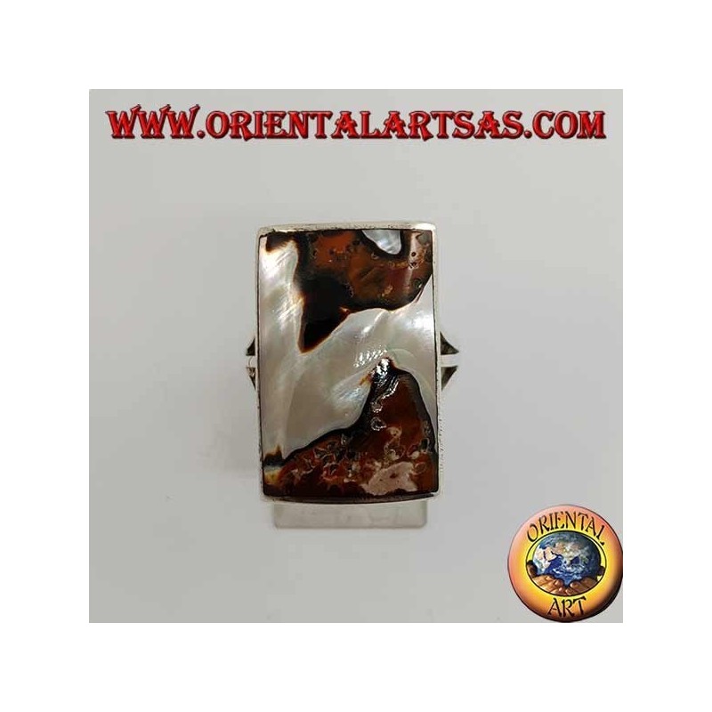 Silver ring with rectangular spotted mother of pearl
