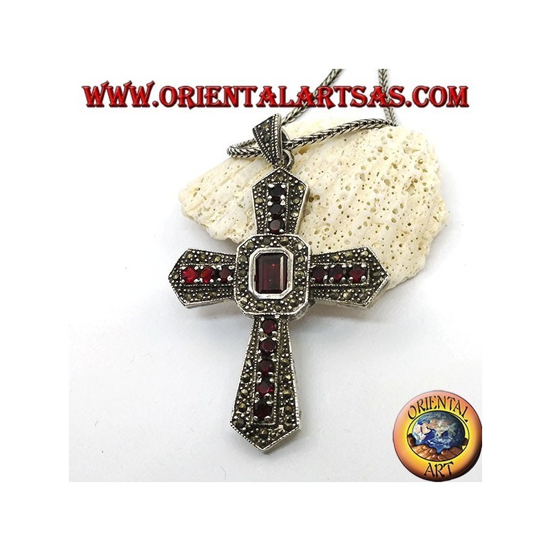 Silver cross pendant with central rectangular garnet and garnets and marcasites on the arms