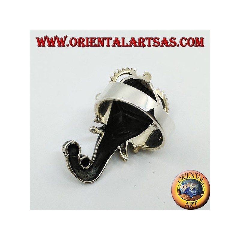 Bague en argent en forme de tête de Ganesh avec une rose entre le tronc (grand)