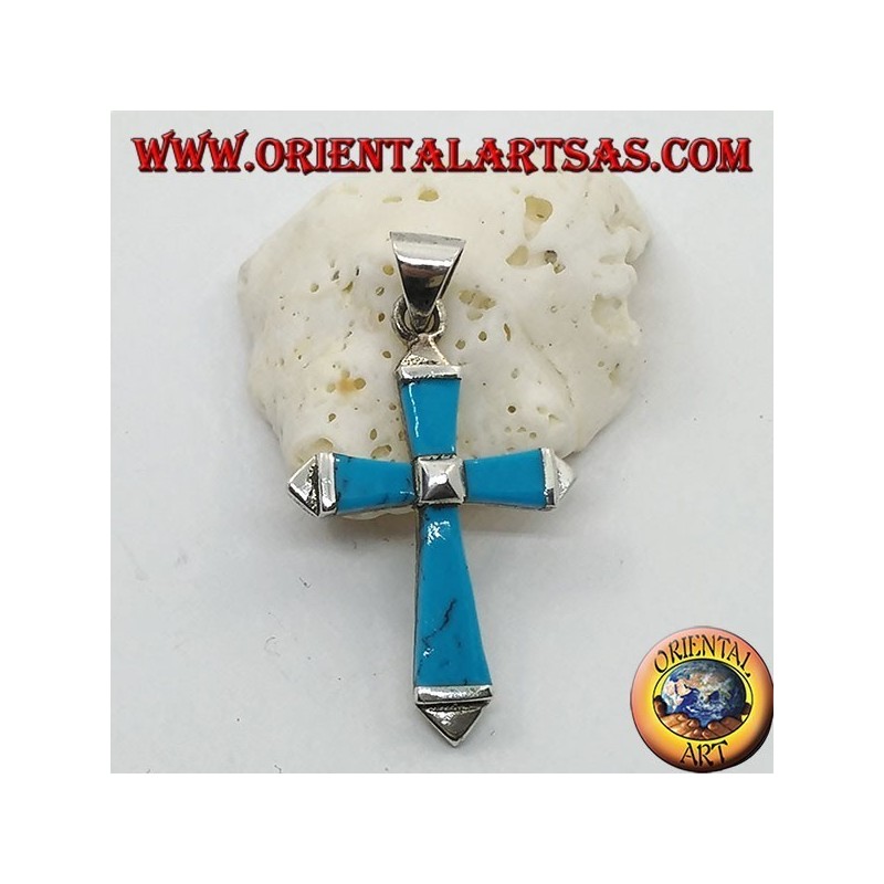 Pendentif croix en argent avec bras en pâte turquoise et structure en argent