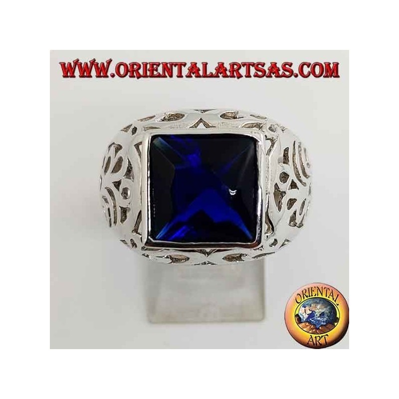 Bague en argent avec zircon carré saphir perforé sur les côtés