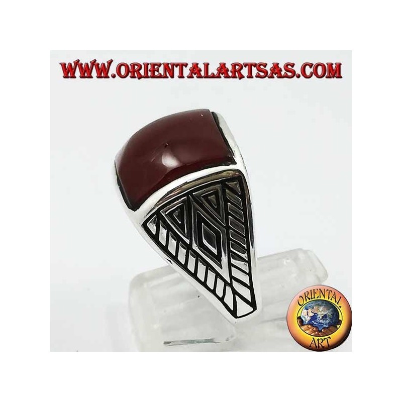 Silver ring with rounded square carnelian geometric inlays on the sides
