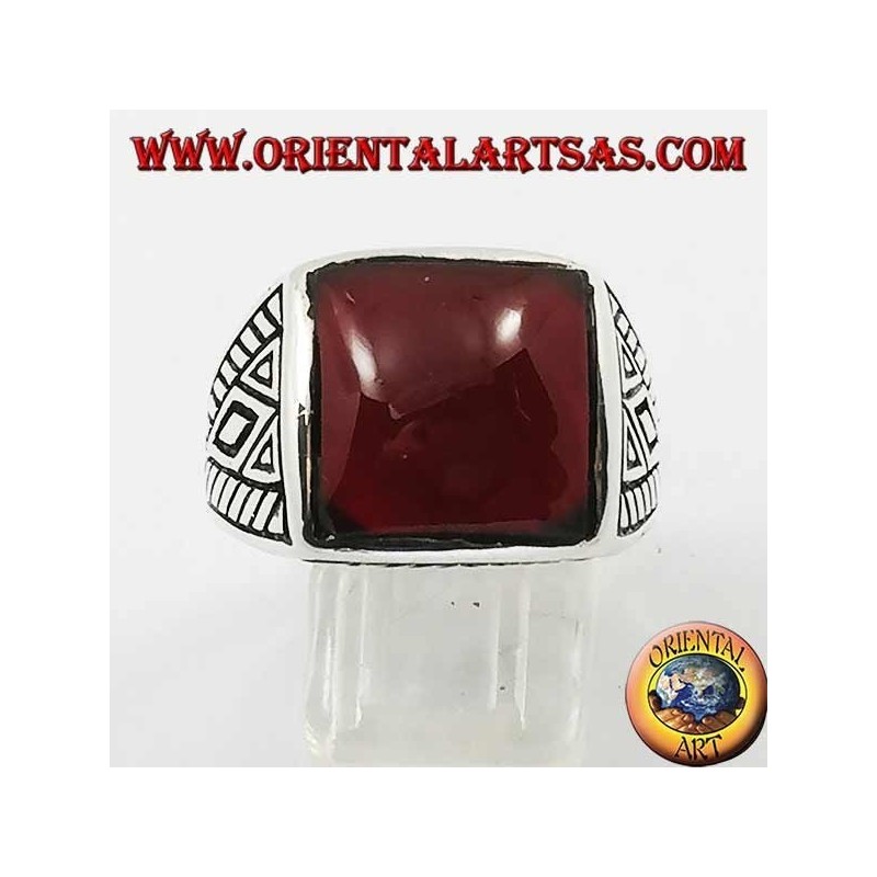 Silver ring with rounded square carnelian geometric inlays on the sides