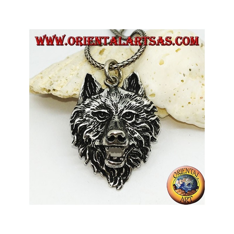 Large silver wolf head pendant