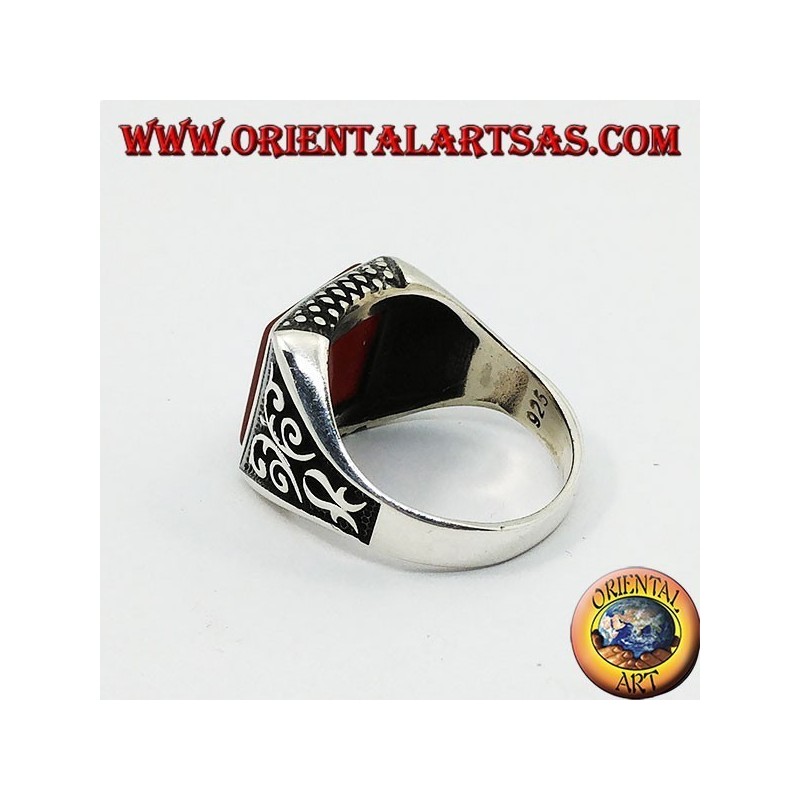 Silver ring with flat square carnelian and Florentine decorations on the sides