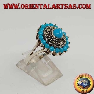 Bague ronde en argent turquoise avec turquoise ronde entourée de marcassite