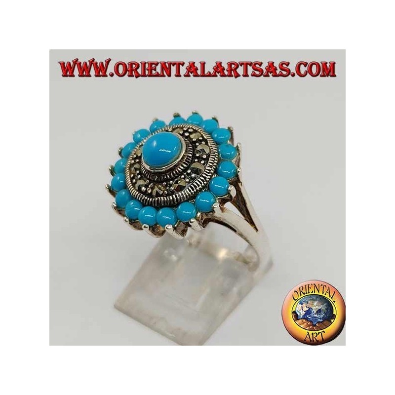 Round turquoise silver ring with round turquoise surrounded by marcasite