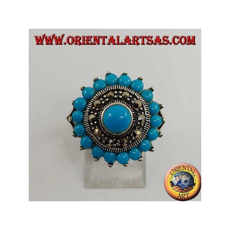 Bague ronde en argent turquoise avec turquoise ronde entourée de marcassite