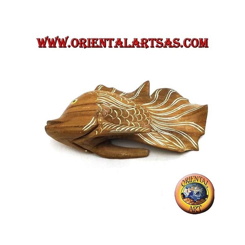 Hand-painted corrugated fish sculpture in teak wood (natural, small)
