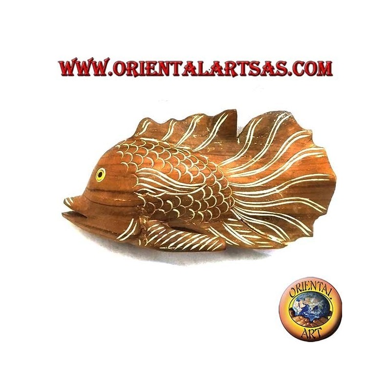 Hand-painted corrugated fish sculpture in teak wood (natural, small)