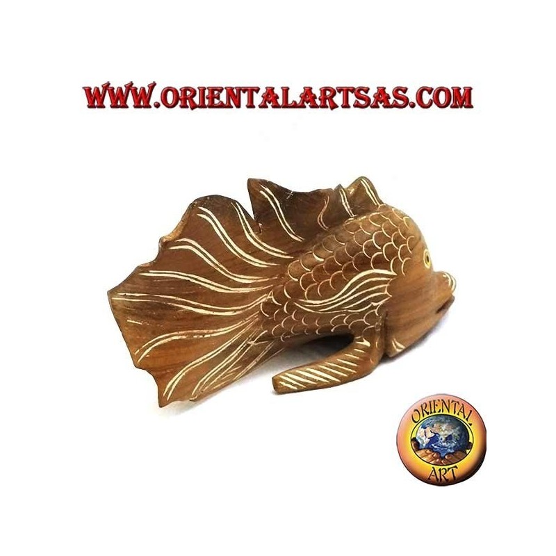 Hand-painted corrugated fish sculpture in teak wood (natural, small)