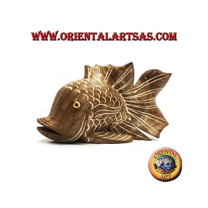 Scultura del pesce ondulato dipinta a mano in legno di teak (naturale, medio)