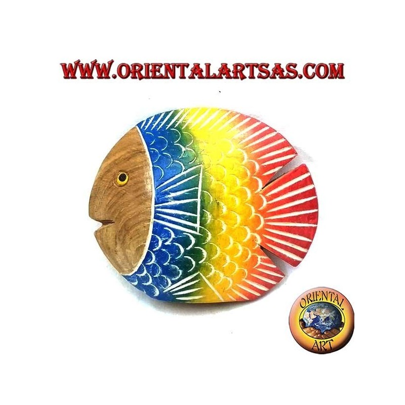 Hand painted flat fish sculpture in teak wood (blue, small)