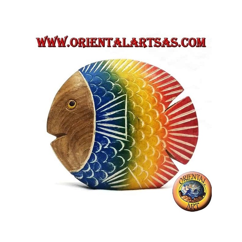 Hand painted flat fish sculpture in teak wood (blue, small)