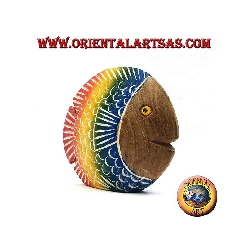 Hand painted flat fish sculpture in teak wood (blue, small)