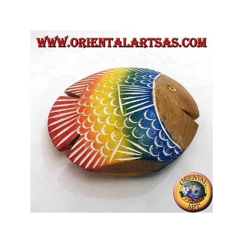 Hand painted flat fish sculpture in teak wood (blue, small)