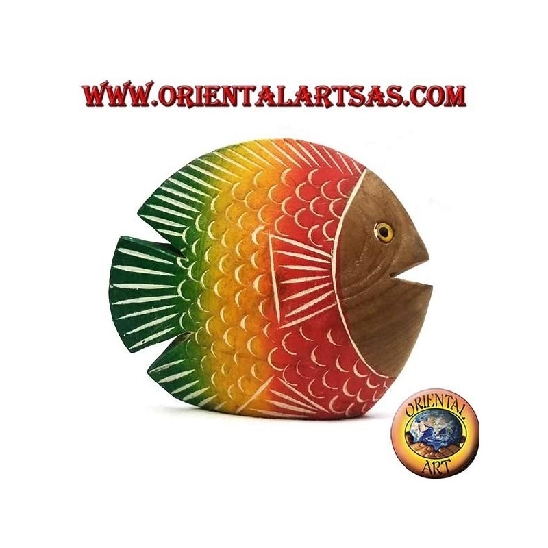 Hand painted flat fish sculpture in teak wood (red, small)
