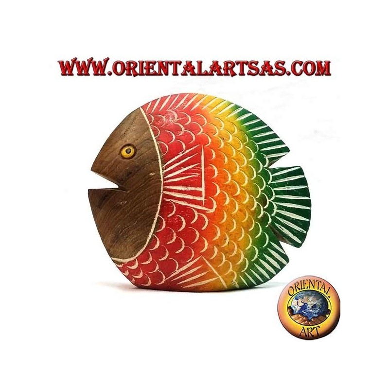 Hand painted flat fish sculpture in teak wood (red, small)