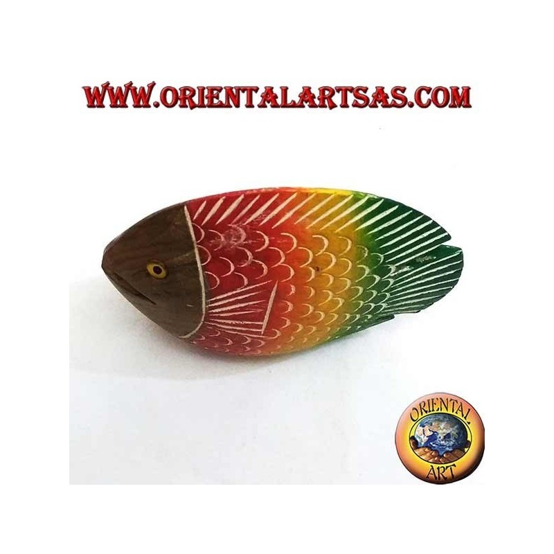 Hand painted flat fish sculpture in teak wood (red, small)