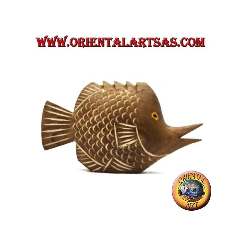 Escultura de pez trompeta pintada a mano en madera de teca (natural, pequeña)