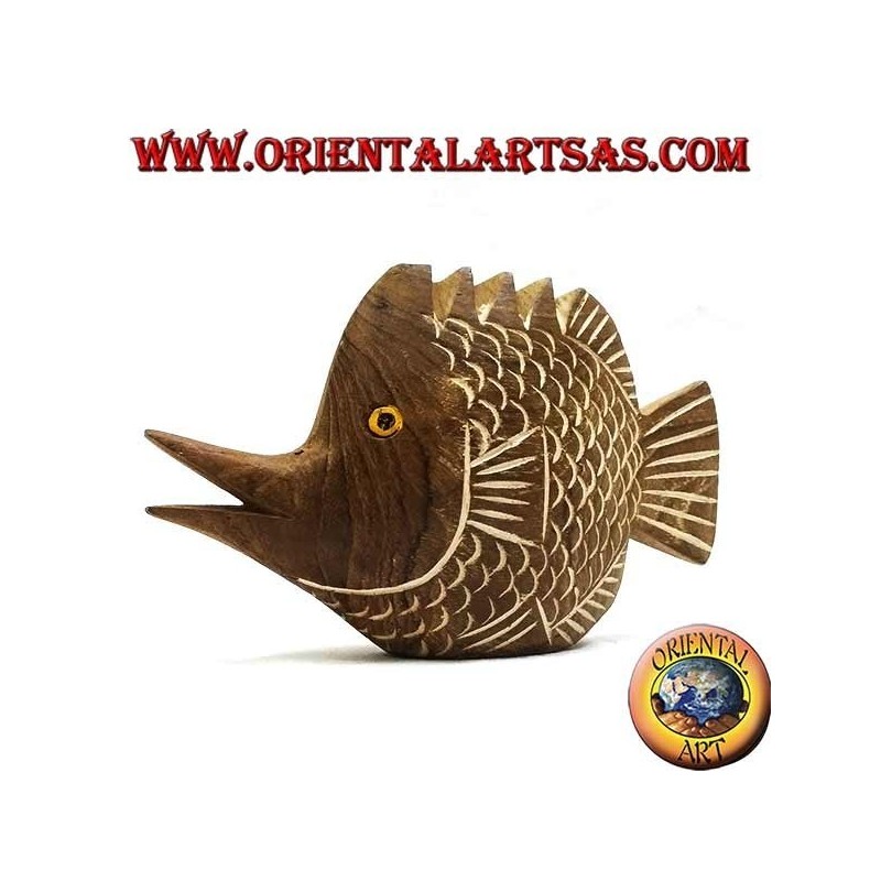 Escultura de pez trompeta pintada a mano en madera de teca (natural, pequeña)